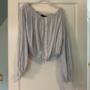 Nili Lotan Blue and White Striped Off-Shoulder Blouse